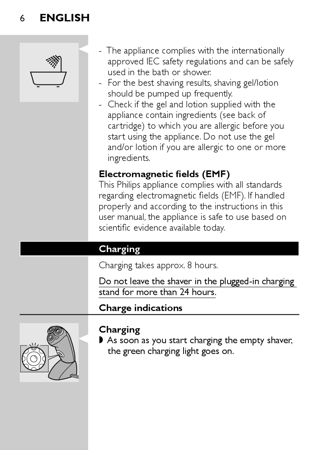 Philips HQ6730 manual Electromagnetic fields EMF, Charge indications Charging 