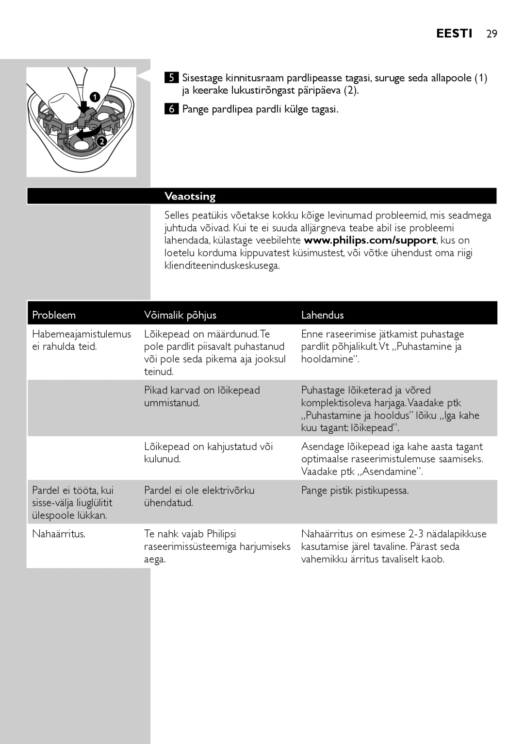 Philips HQ6900, HQ6940, HQ6906 user manual Veaotsing, Probleem Võimalik põhjus Lahendus 