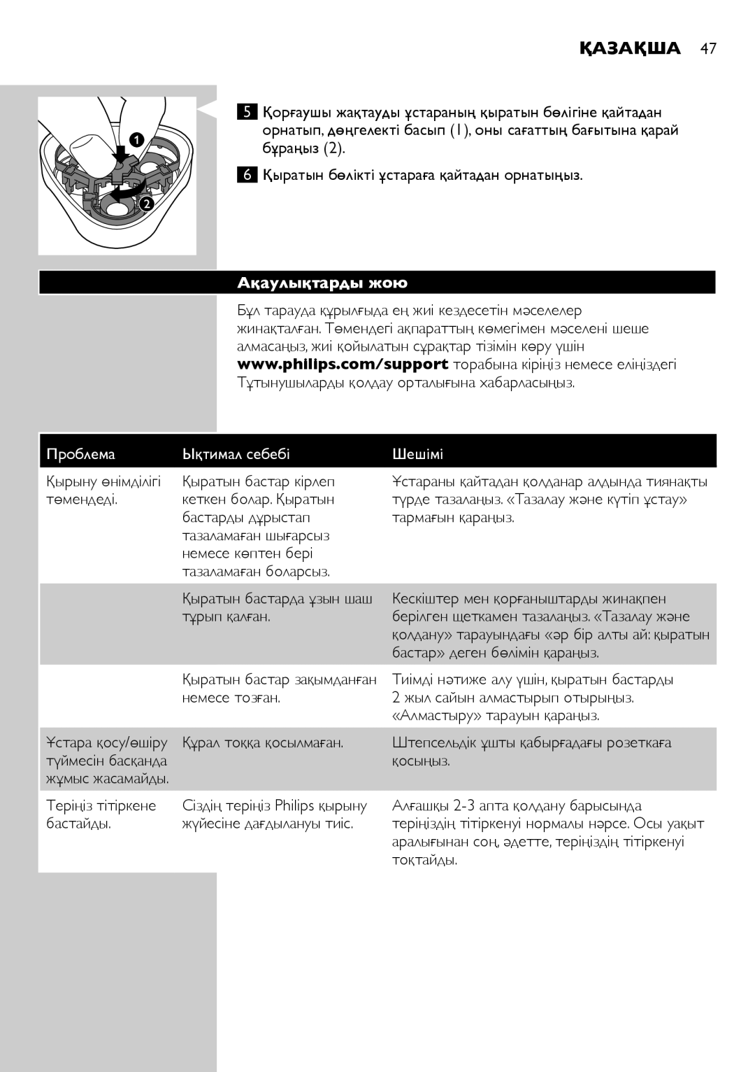 Philips HQ6900, HQ6940, HQ6906 user manual Ақаулықтарды жою, Проблема Ықтимал себебі Шешімі 