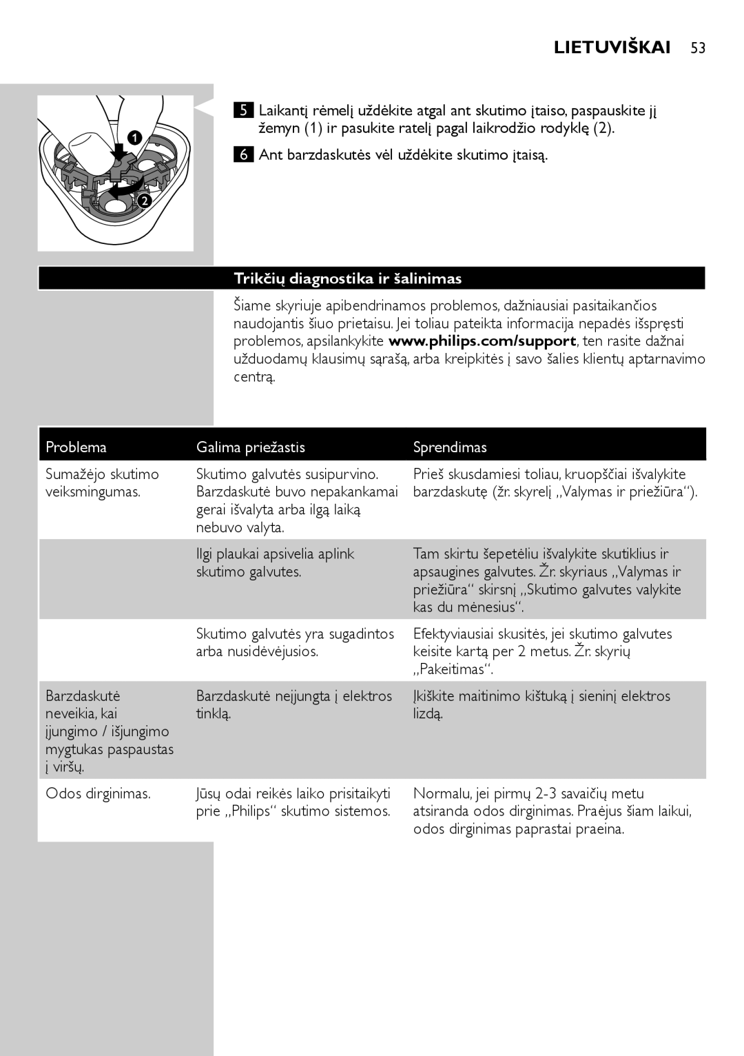 Philips HQ6900, HQ6940, HQ6906 user manual Trikčių diagnostika ir šalinimas, Problema Galima priežastis Sprendimas 