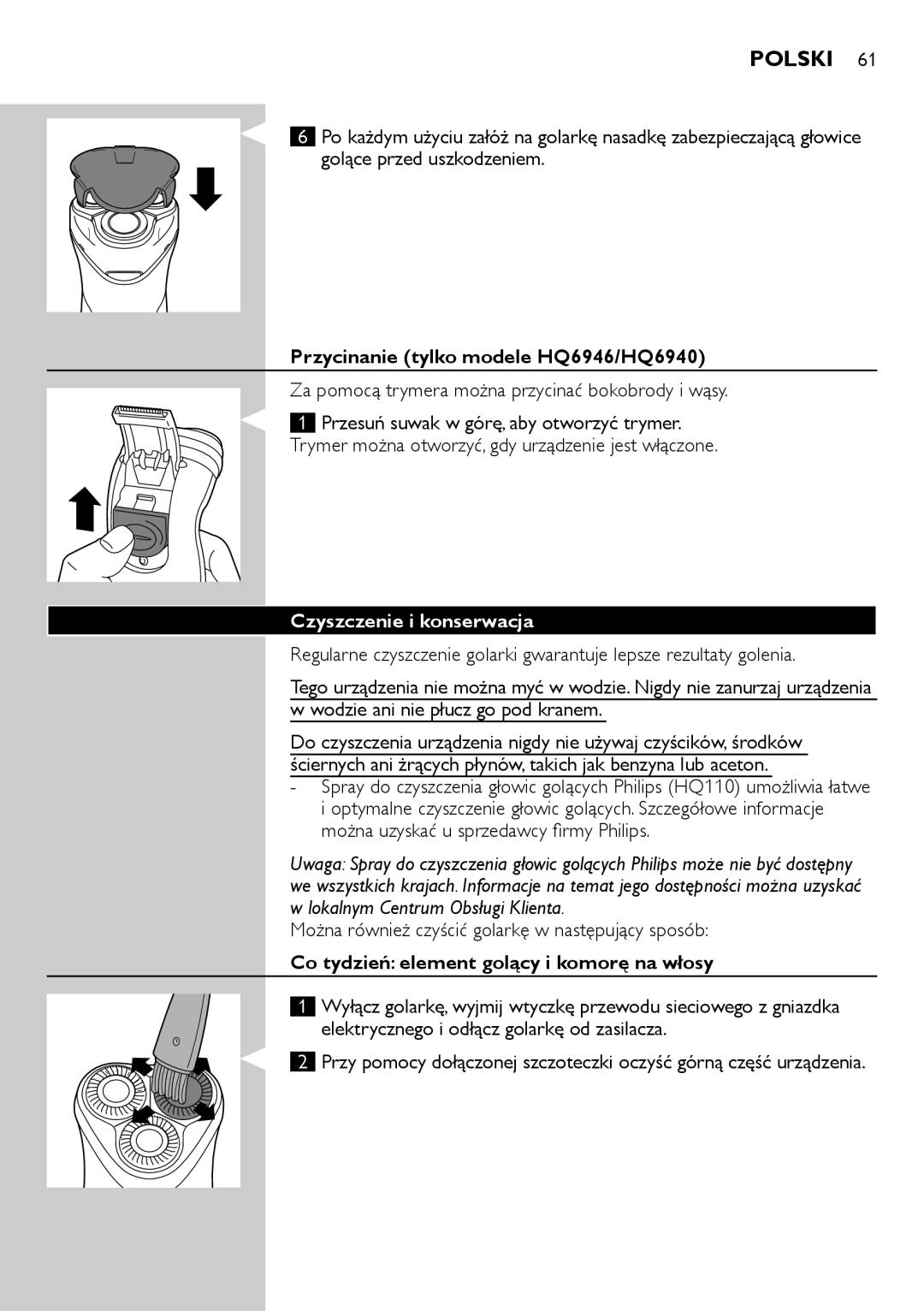 Philips HQ6906, HQ6900 user manual Polski, Przycinanie tylko modele HQ6946/HQ6940, Czyszczenie i konserwacja 