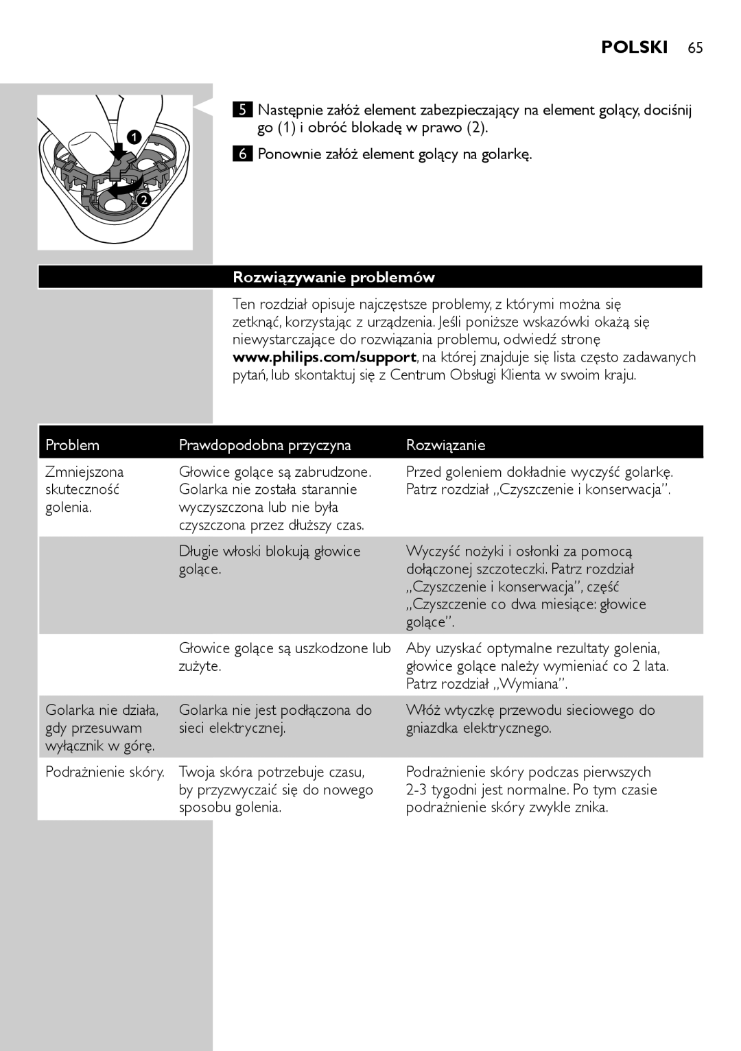 Philips HQ6900, HQ6940, HQ6906 user manual Rozwiązywanie problemów, Problem Prawdopodobna przyczyna Rozwiązanie 