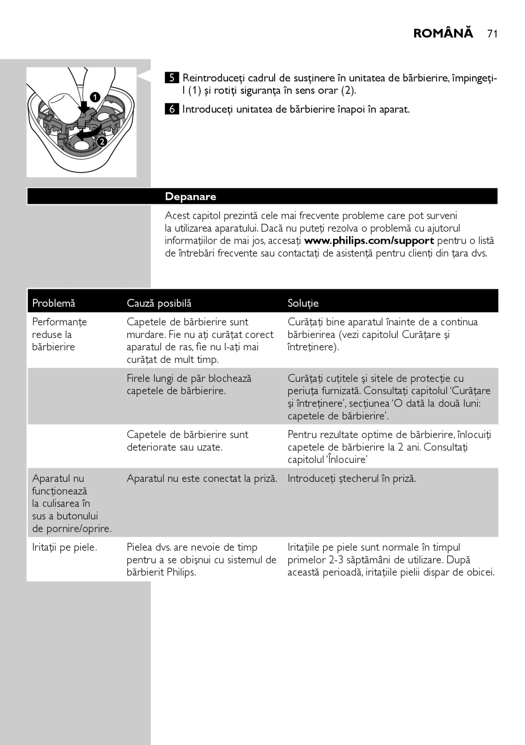 Philips HQ6900, HQ6940, HQ6906 user manual Depanare, Problemă Cauză posibilă Soluţie 