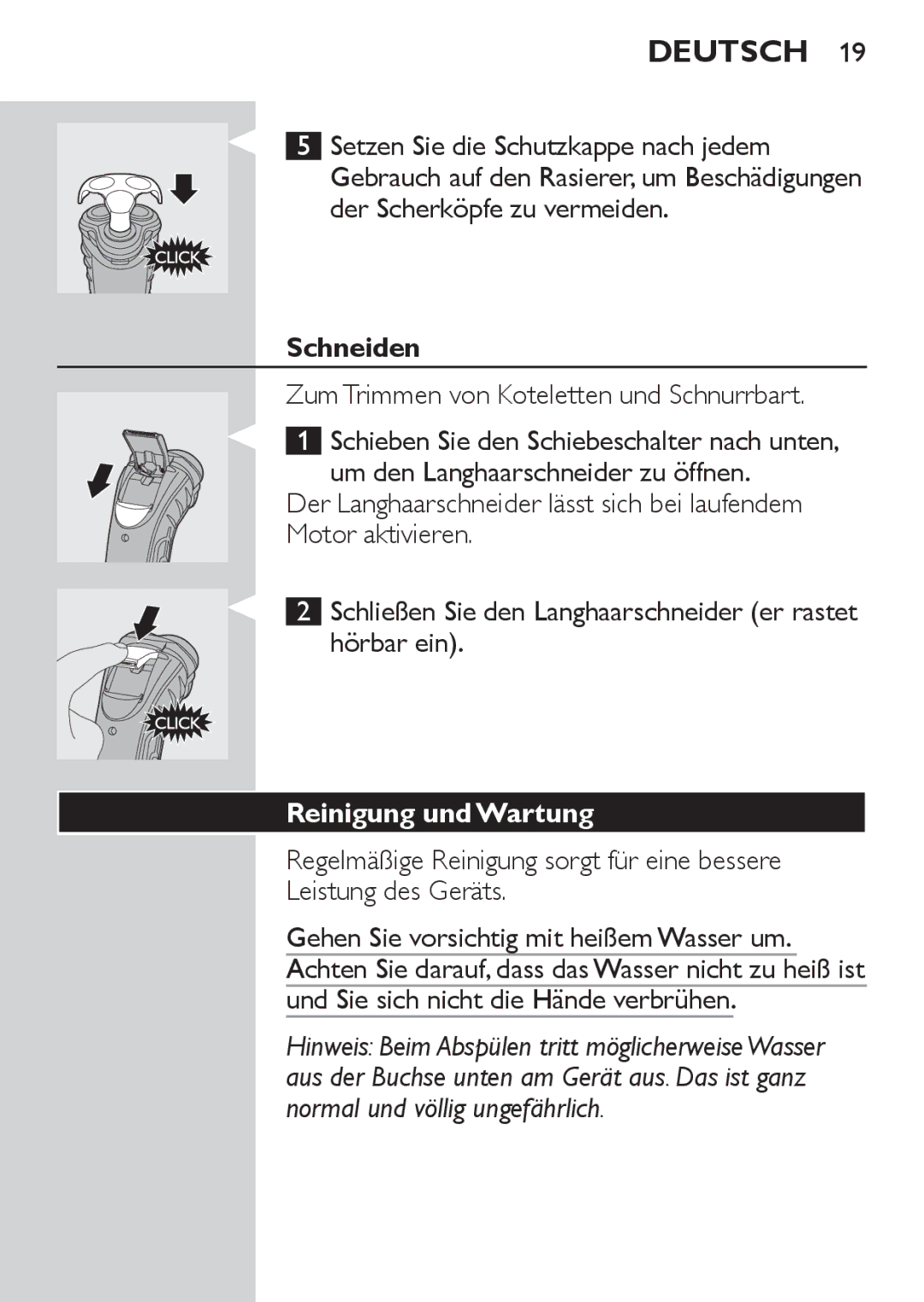 Philips HQ7130 manual Schneiden, Zum Trimmen von Koteletten und Schnurrbart, Reinigung und Wartung 