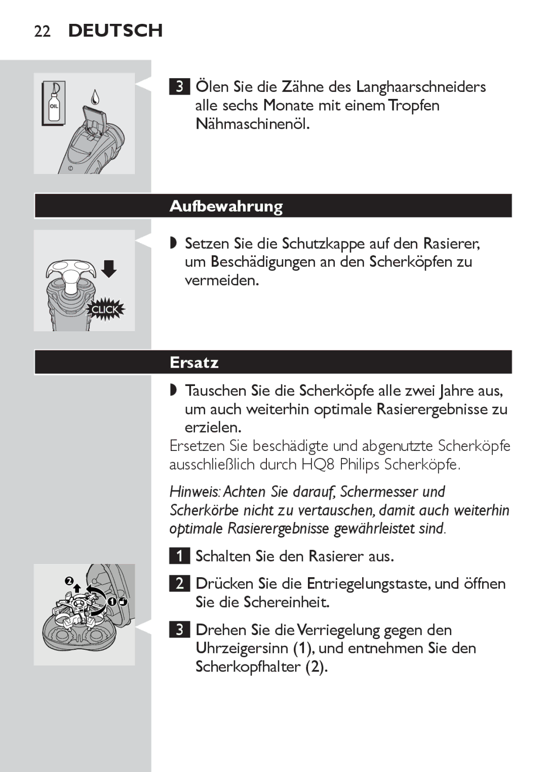 Philips HQ7130 manual Aufbewahrung, Ersatz 