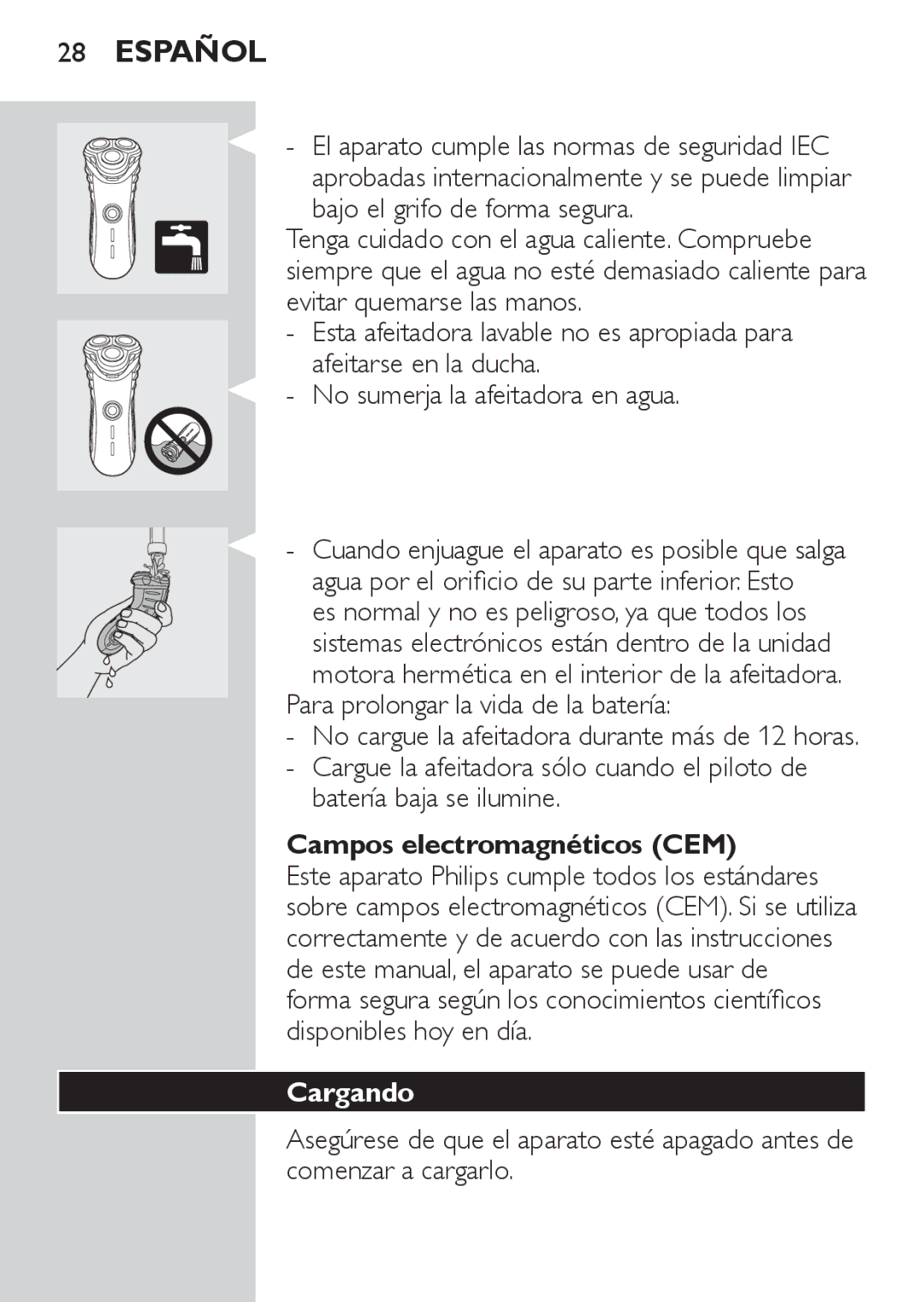 Philips HQ7130 manual Para prolongar la vida de la batería, Campos electromagnéticos CEM, Cargando 