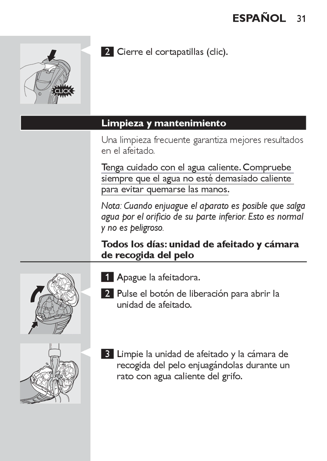 Philips HQ7130 manual Cierre el cortapatillas clic, Limpieza y mantenimiento 