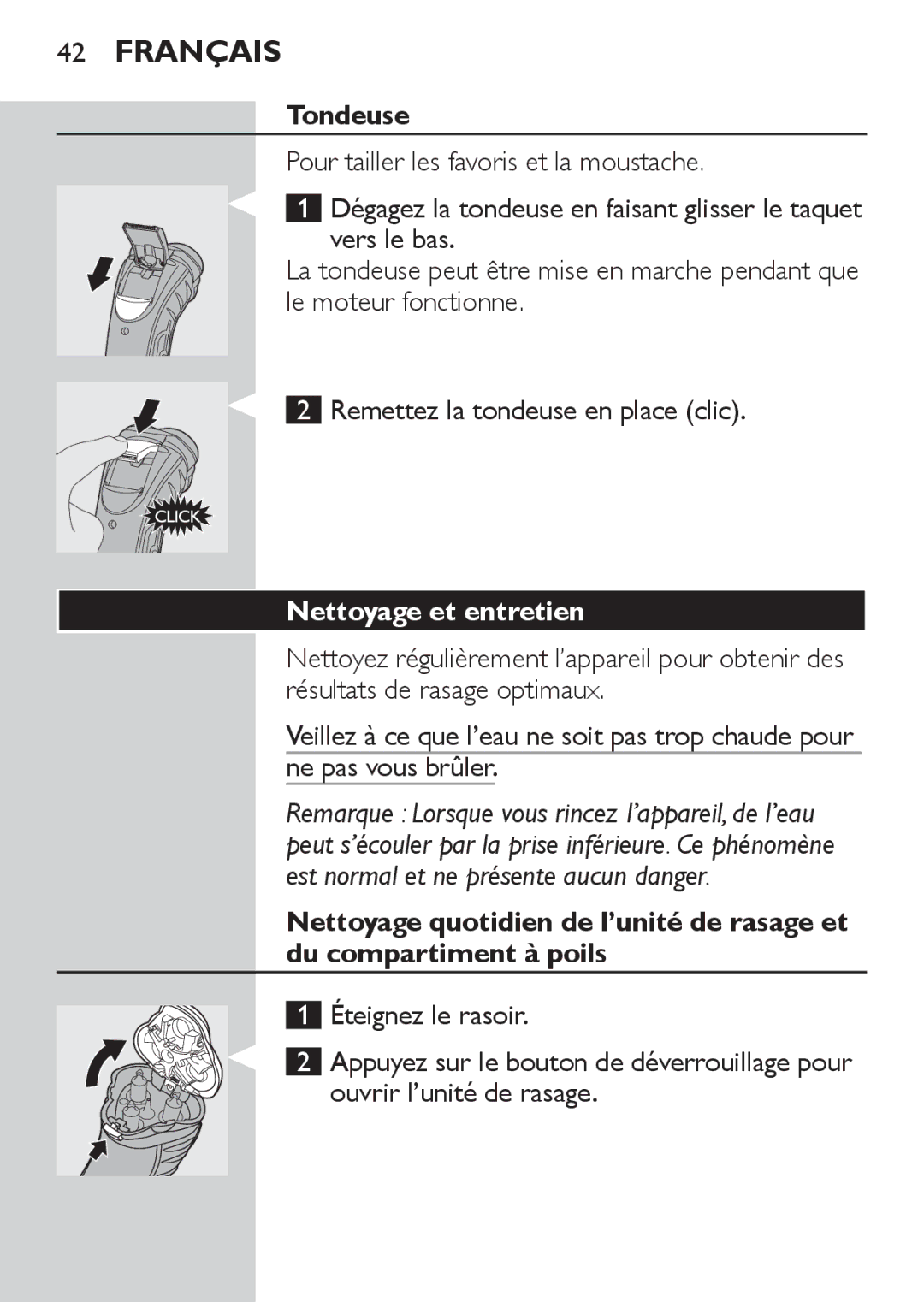 Philips HQ7130 manual Tondeuse, Pour tailler les favoris et la moustache, Nettoyage et entretien 