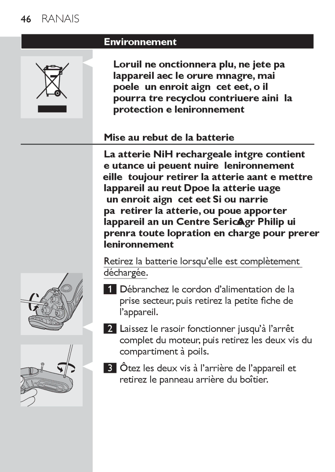 Philips HQ7130 manual Environnement, Mise au rebut de la batterie 