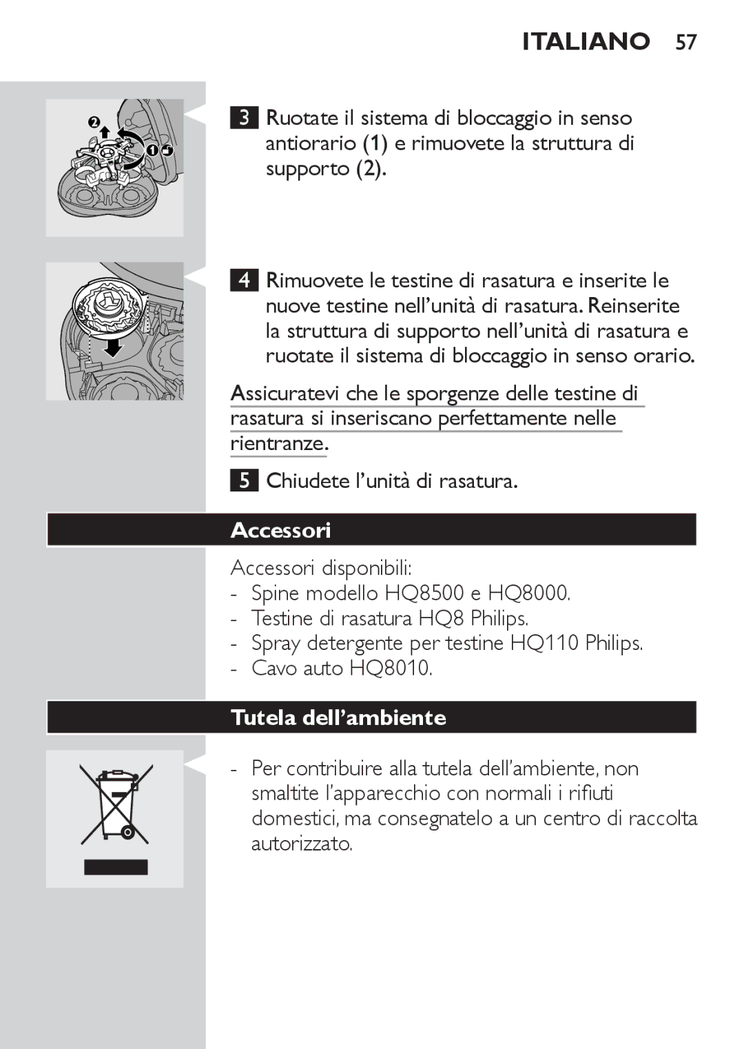 Philips HQ7130 manual Accessori, Tutela dell’ambiente 