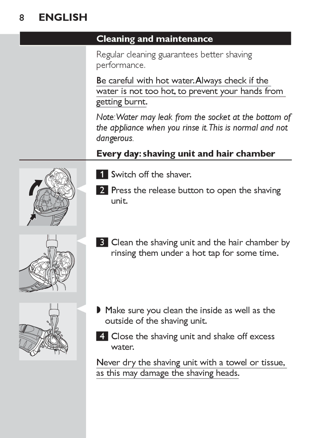 Philips HQ7130 manual Cleaning and maintenance, Every day shaving unit and hair chamber 