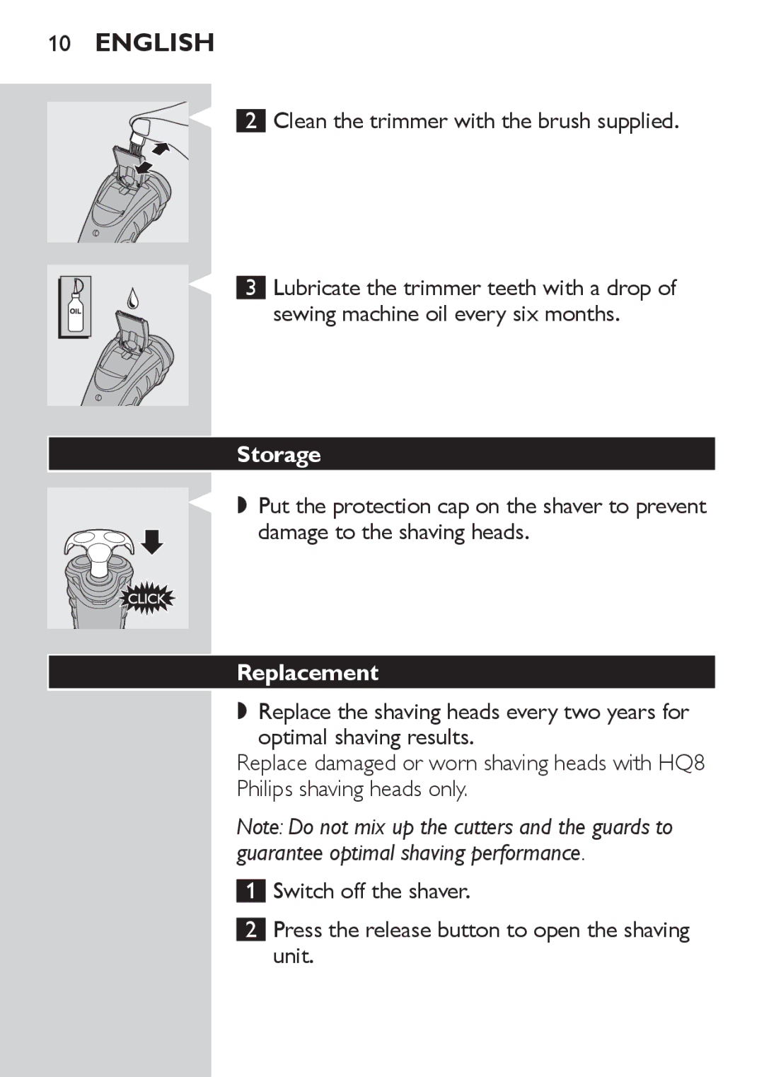 Philips HQ7130 manual Clean the trimmer with the brush supplied, Storage, Replacement 