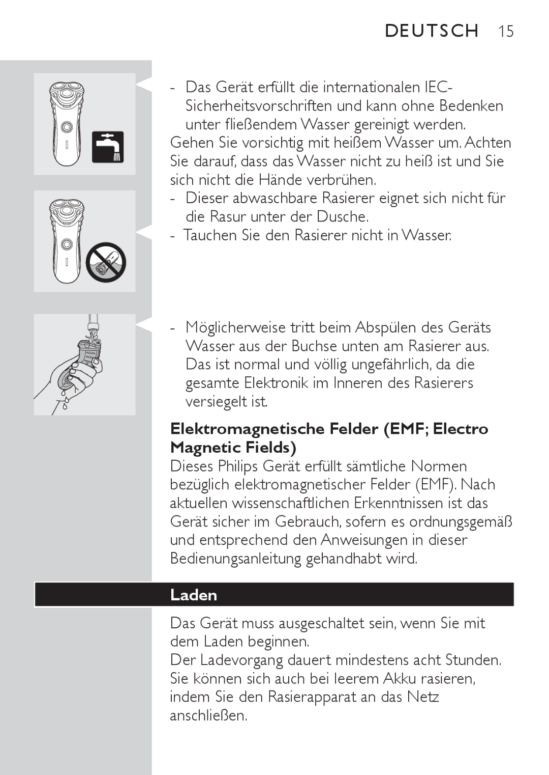 Philips HQ7142, HQ7141 manual Elektromagnetische Felder EMF Electro Magnetic Fields, Laden 