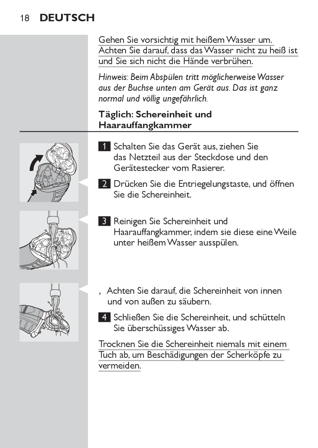 Philips HQ7141, HQ7142 manual Täglich Schereinheit und Haarauffangkammer 