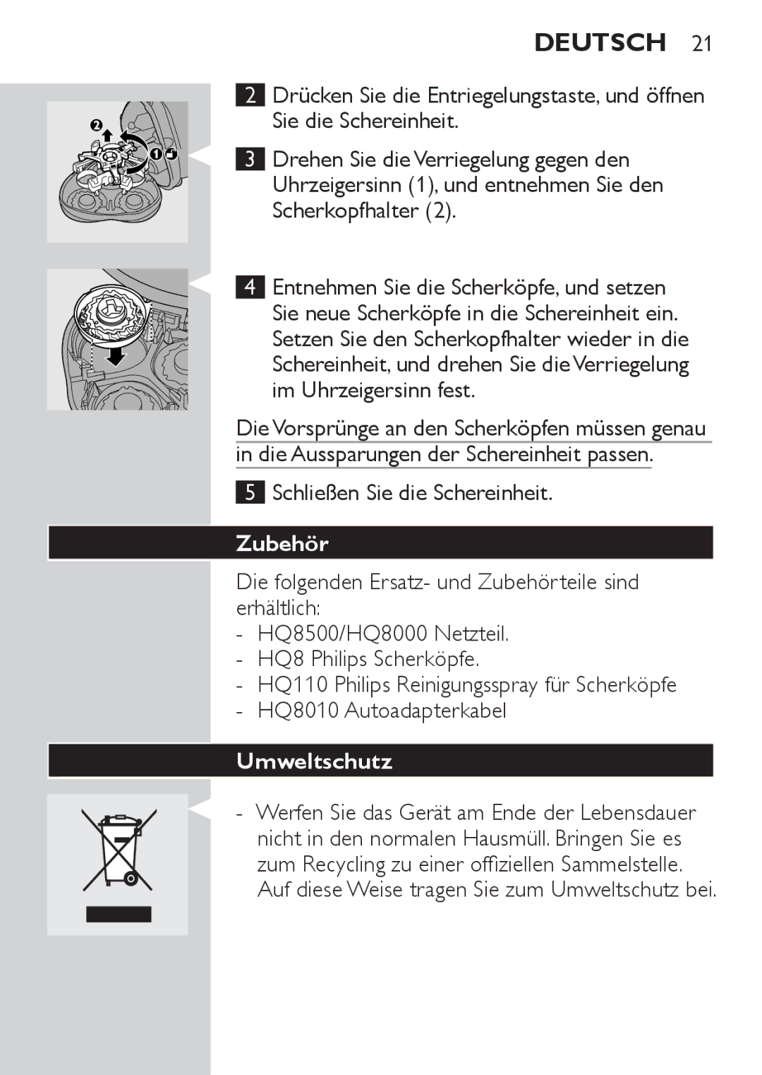 Philips HQ7142, HQ7141 manual Zubehör, Umweltschutz 