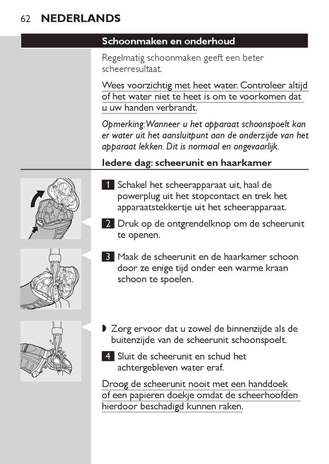 Philips HQ7141, HQ7142 manual Schoonmaken en onderhoud, Iedere dag scheerunit en haarkamer 