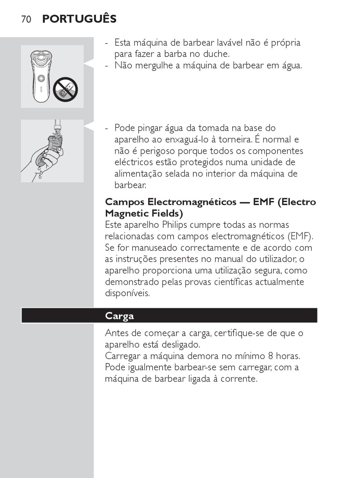 Philips HQ7141, HQ7142 manual Campos Electromagnéticos EMF Electro Magnetic Fields, Carga 