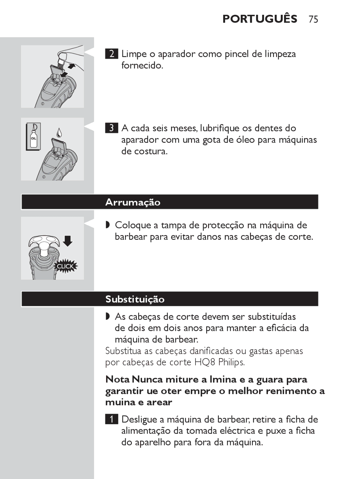 Philips HQ7142, HQ7141 manual Arrumação, Substituição, Por cabeças de corte HQ8 Philips 