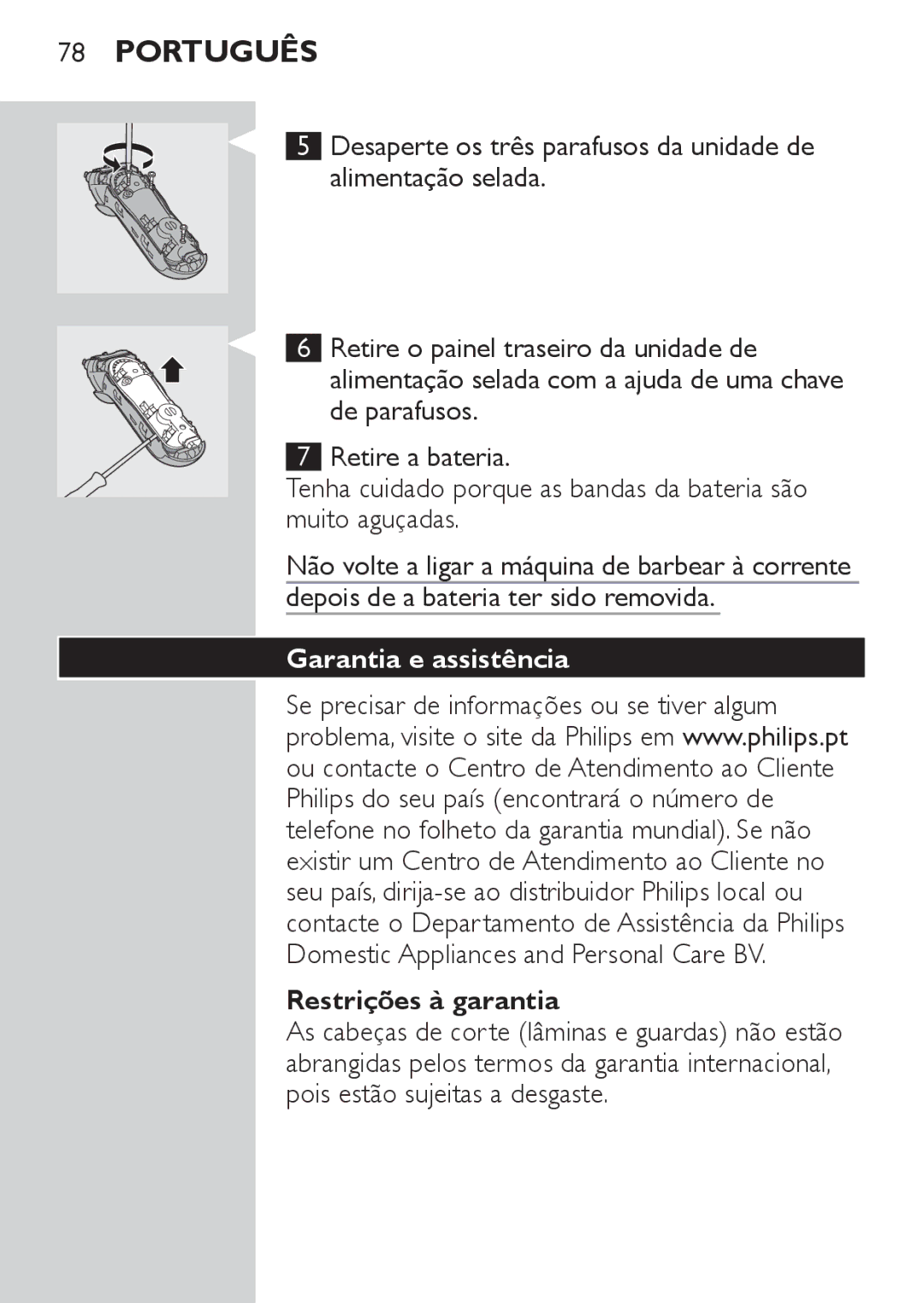 Philips HQ7141, HQ7142 manual Garantia e assistência, Restrições à garantia 