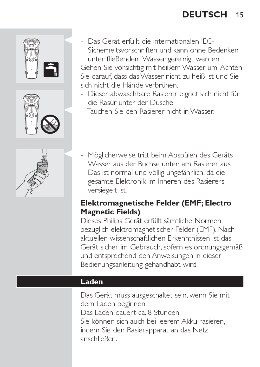 Philips HQ7260/17 manual Elektromagnetische Felder EMF Electro Magnetic Fields, Laden 