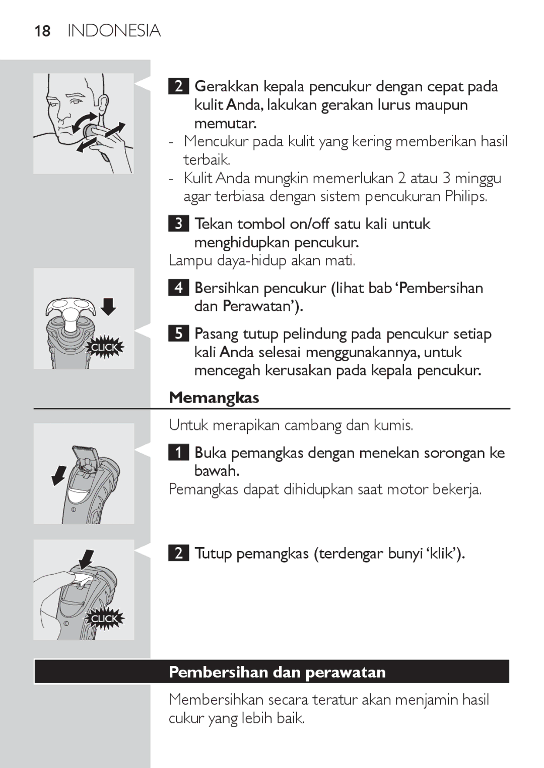 Philips HQ7340, HQ7320, HQ7310 manual Memangkas, Pembersihan dan perawatan 