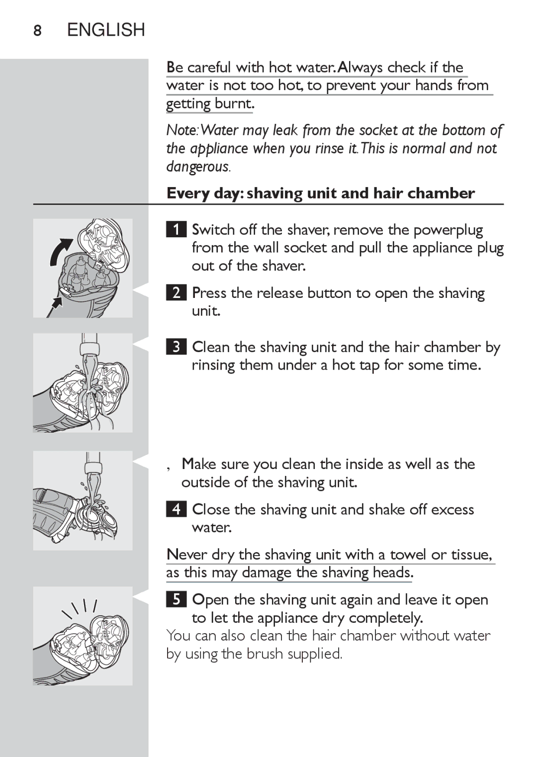 Philips HQ7320, HQ7340, HQ7310 manual Every day shaving unit and hair chamber 