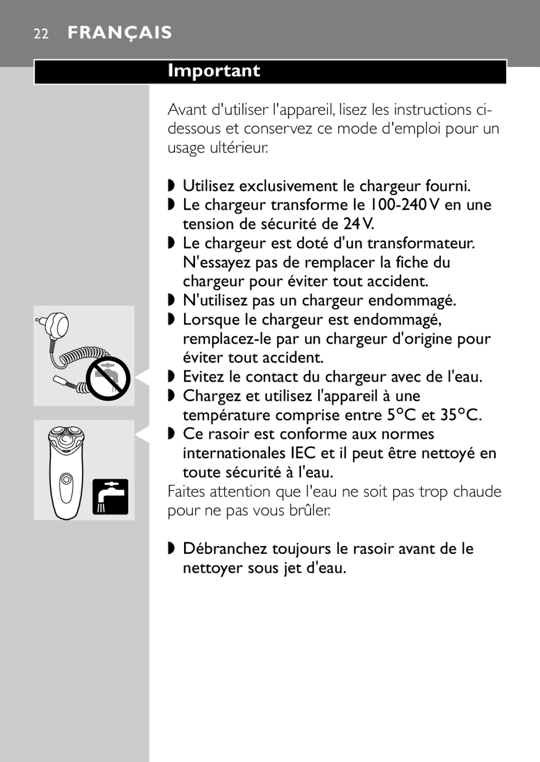 Philips HQ7415, HQ7405 manual Français Important 