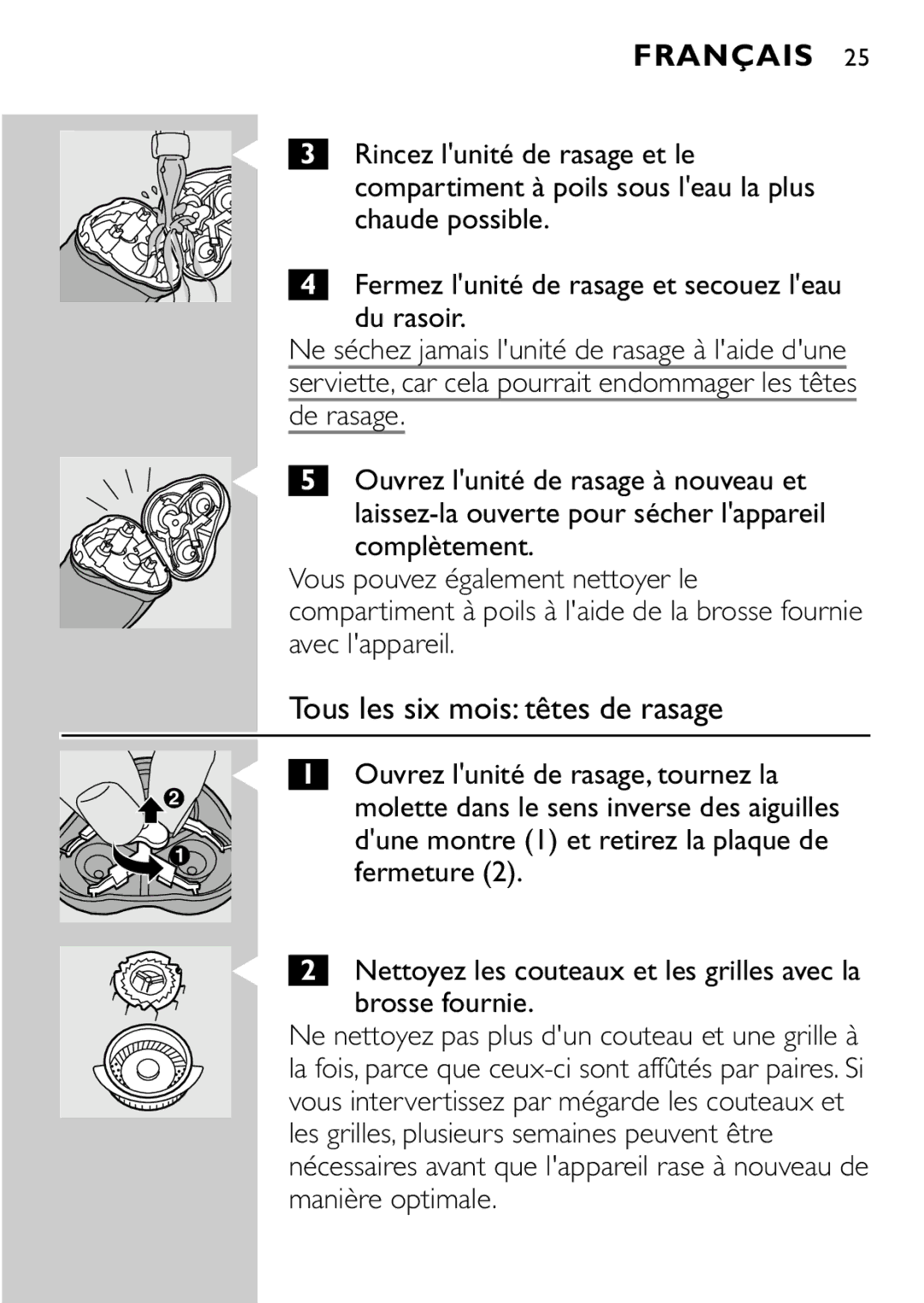 Philips HQ7405, HQ7415 manual Tous les six mois têtes de rasage 