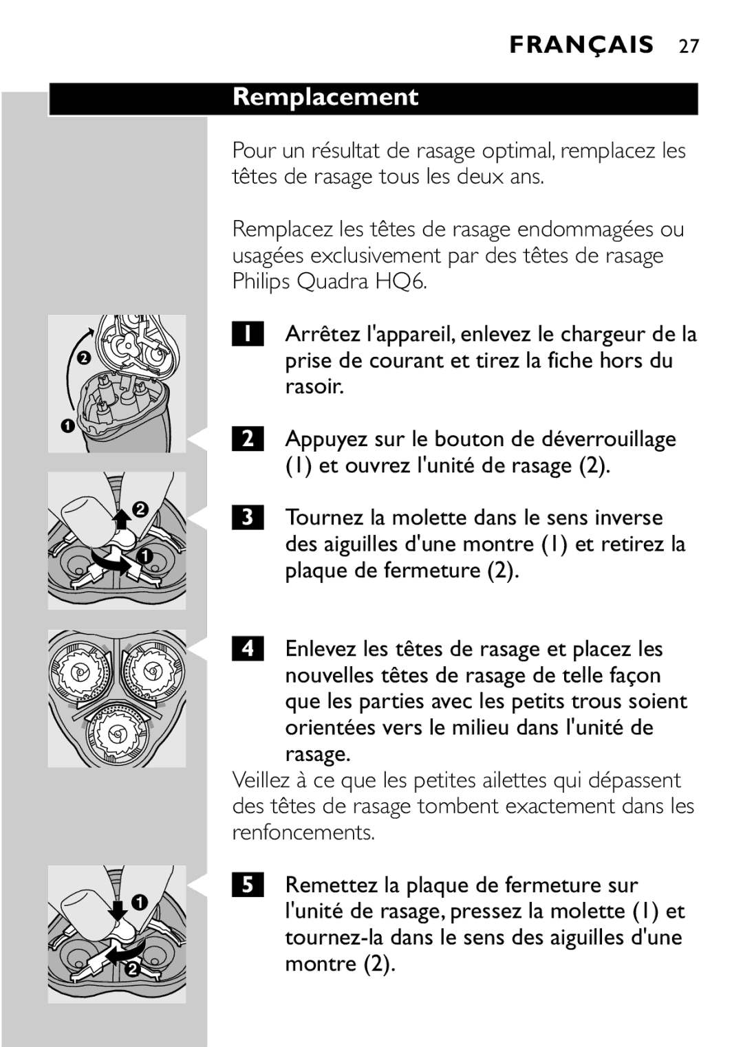 Philips HQ7405, HQ7415 manual Remplacement, Montre 