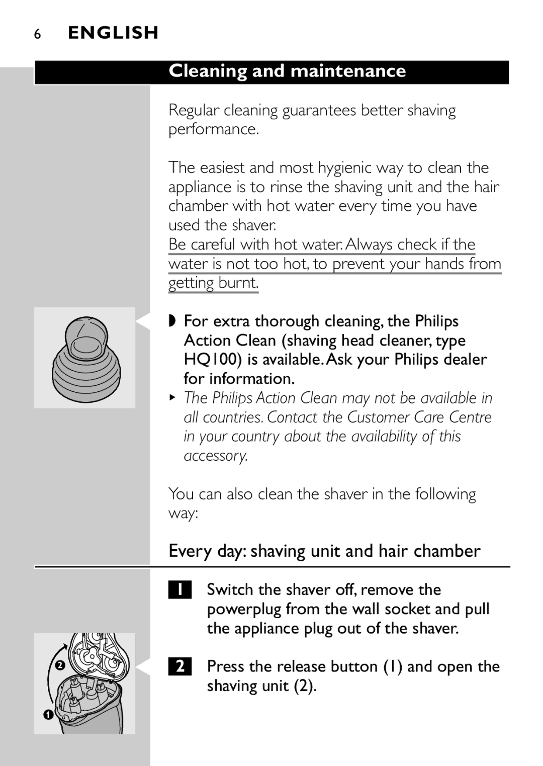 Philips HQ7415, HQ7405 manual Cleaning and maintenance, Every day shaving unit and hair chamber 