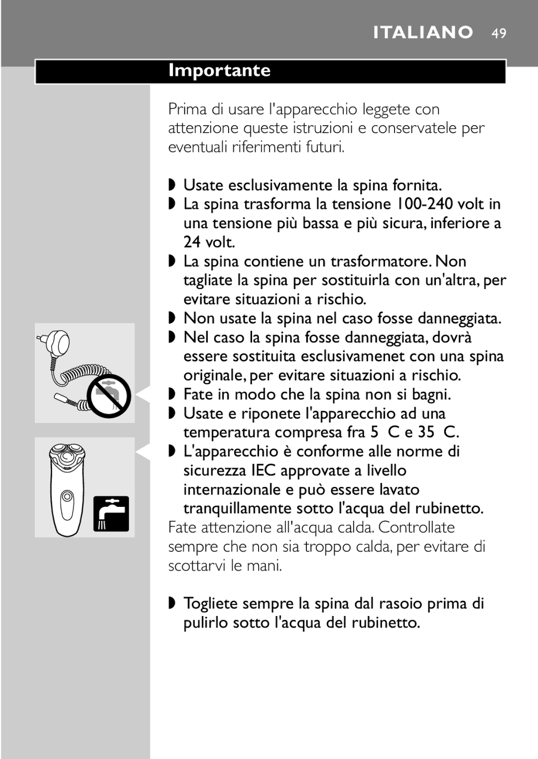 Philips HQ7405, HQ7415 manual Italiano 