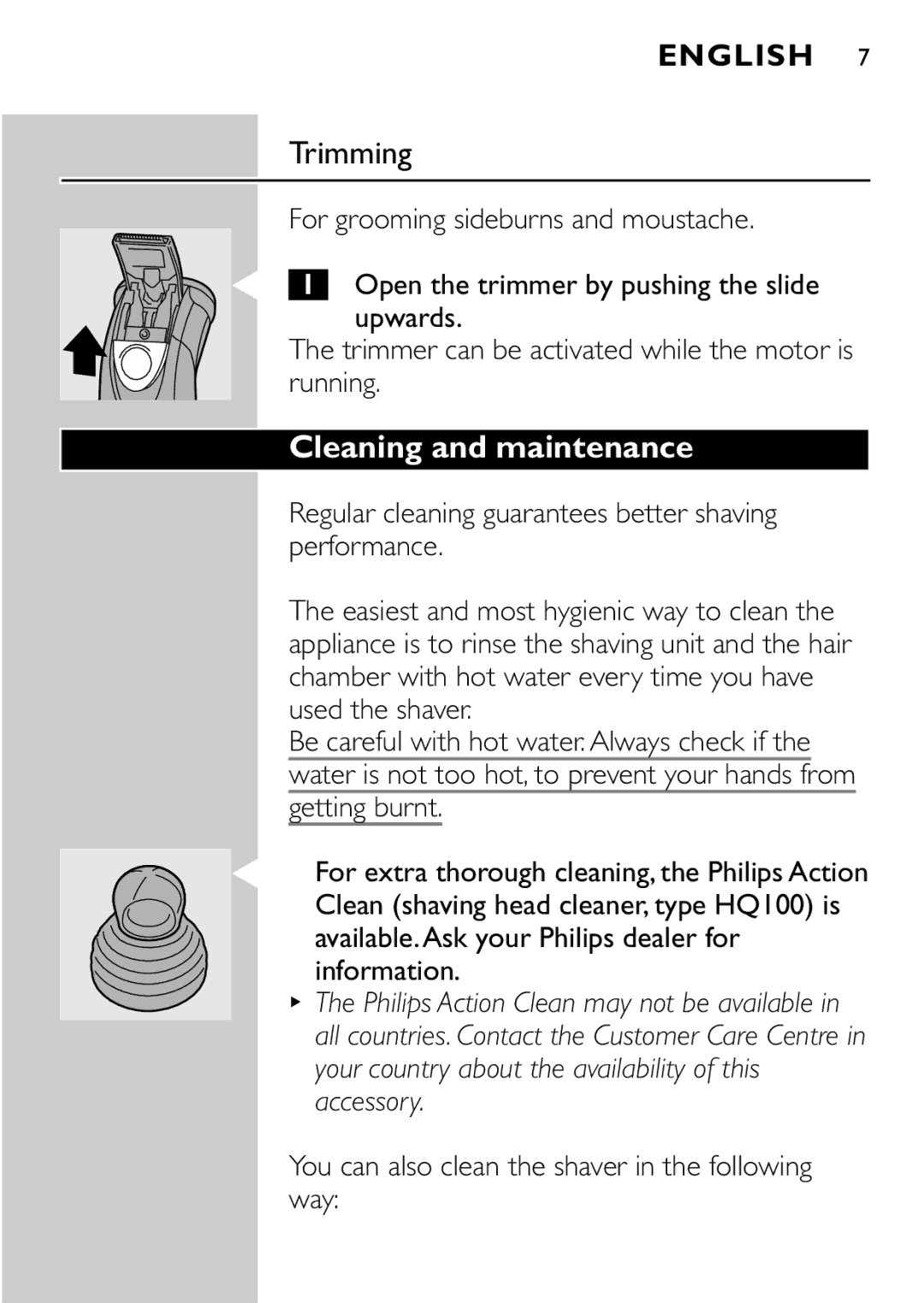 Philips HQ7615, HQ7616 manual Trimming, Cleaning and maintenance, You can also clean the shaver in the following way 