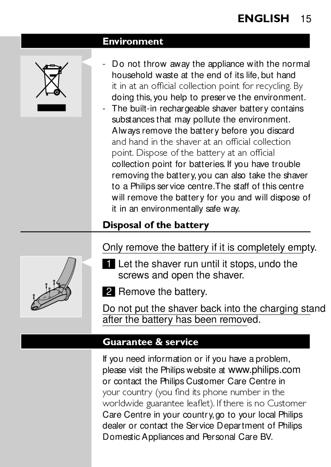 Philips HQ7740 manual Environment, Disposal of the battery, Guarantee & service 