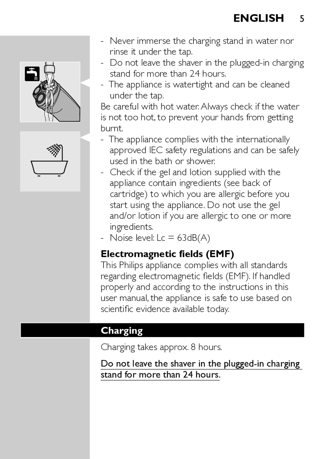 Philips HQ7740 manual English, Noise level Lc = 63dBA, Electromagnetic fields EMF, Charging 