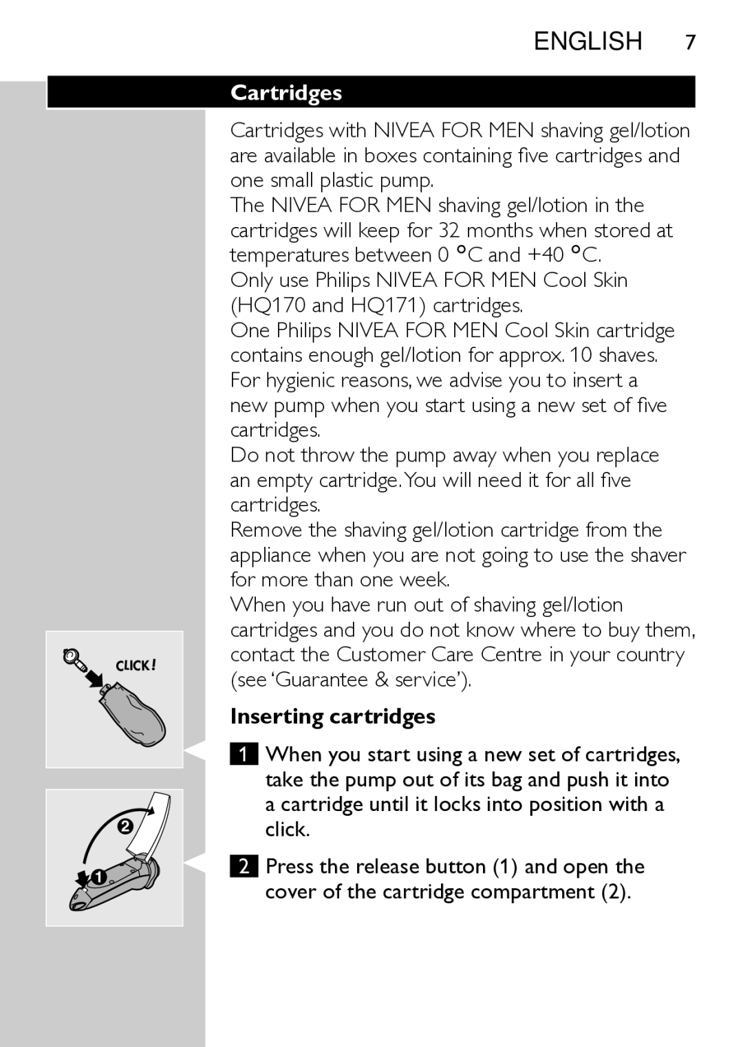 Philips HQ7740 manual English , Cartridges, Inserting cartridges 