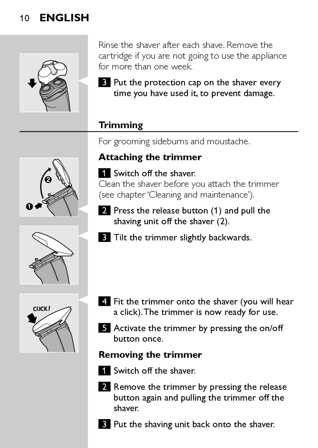 Philips HQ7740 manual Trimming, Attaching the trimmer, Removing the trimmer 