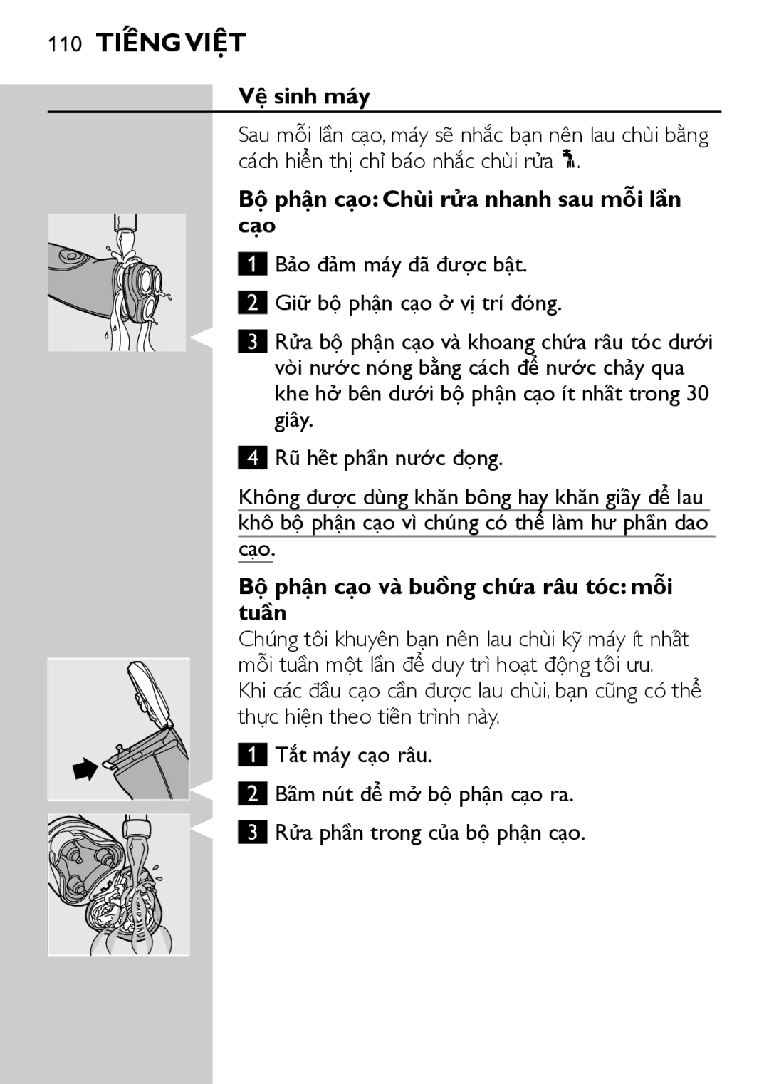 Philips HQ7780 manual 110 Tiếng Việt, Vệ sinh máy, Bô phận cạo Chui rửa nhanh sau mỗi lần cạo 