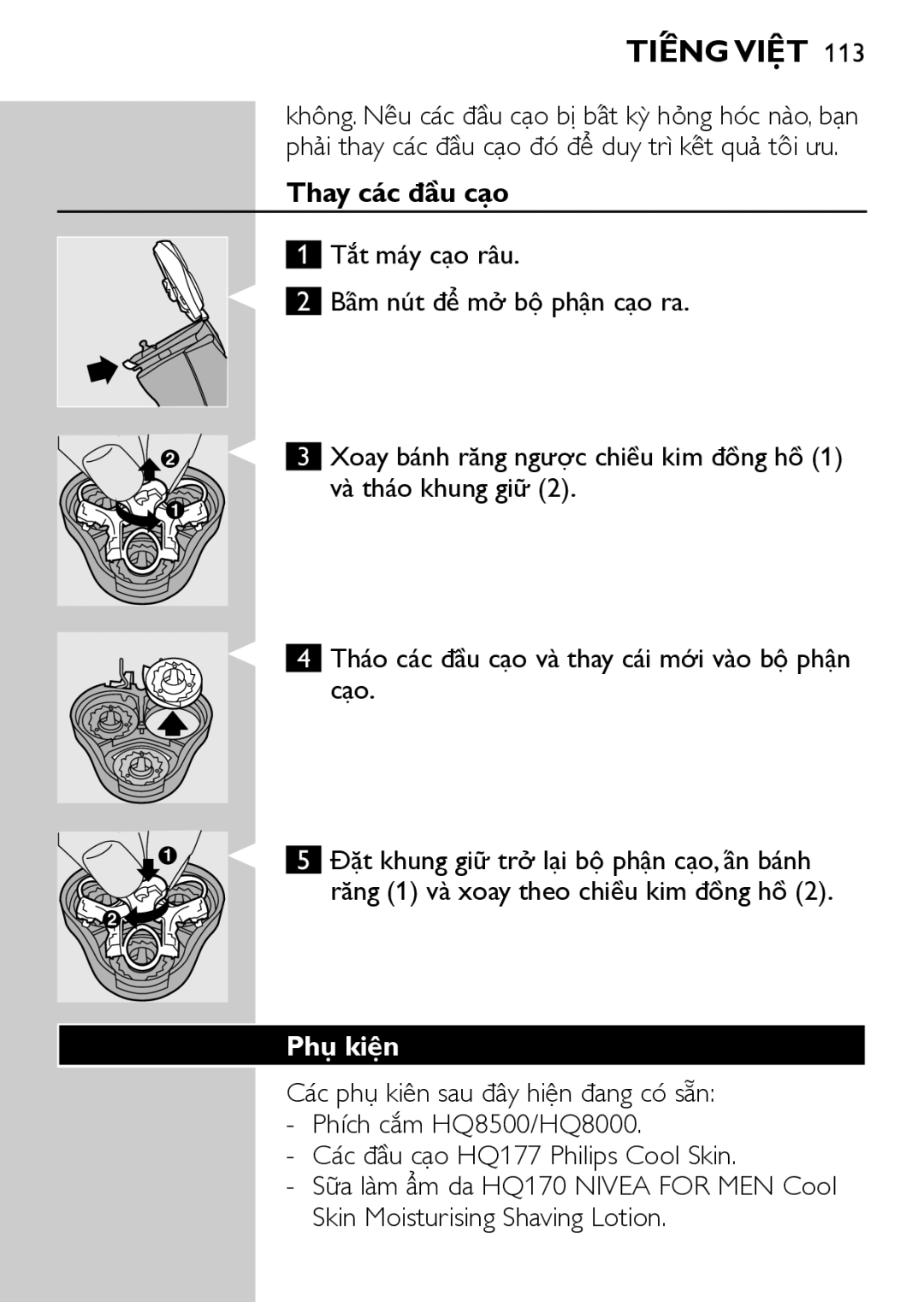 Philips HQ7780 manual Thay các đầu cạo, Phụ kiện 