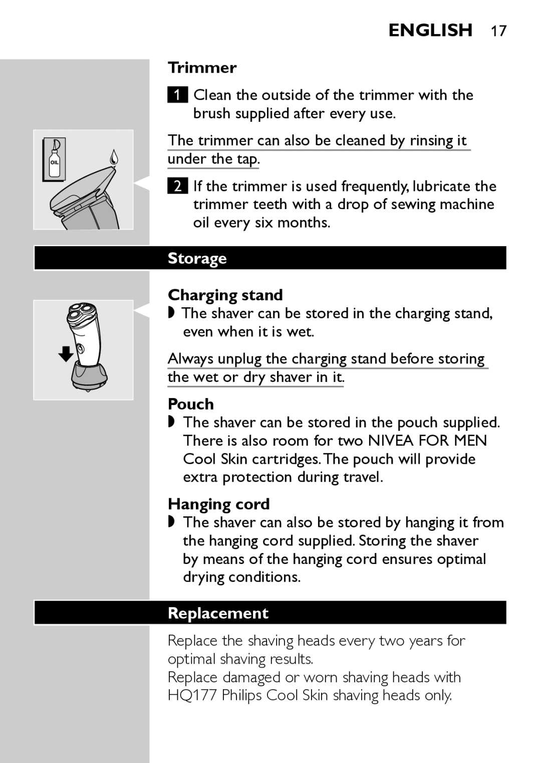 Philips HQ7780 manual Trimmer, Storage, Pouch, Hanging cord, Replacement 