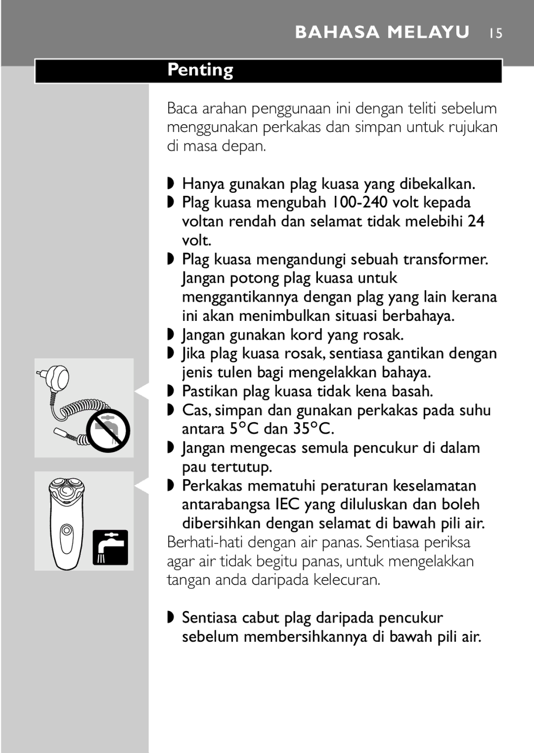 Philips HQ7815 manual Penting, Jangan gunakan kord yang rosak 