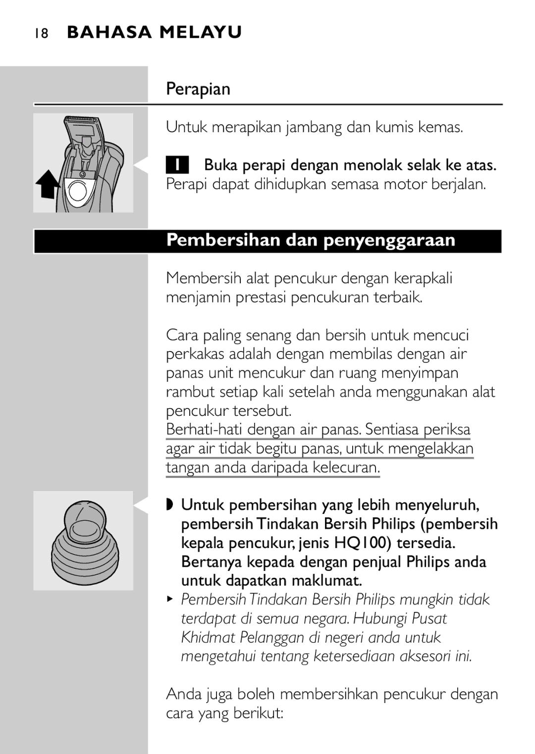 Philips HQ7815 manual Perapian, Pembersihan dan penyenggaraan, Untuk merapikan jambang dan kumis kemas 