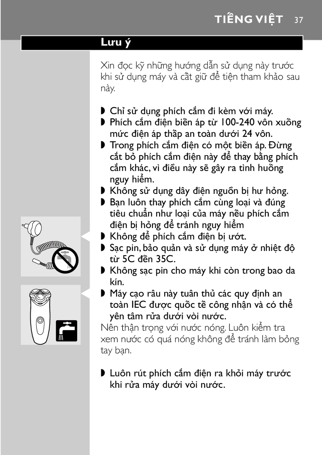 Philips HQ7815 manual ∑u Ω, SÜc pin, bÖo quÖn vÅ s d∂ng mÄy Ø nhiõt Û´ tπ 5C Ûón 35C, Kún 