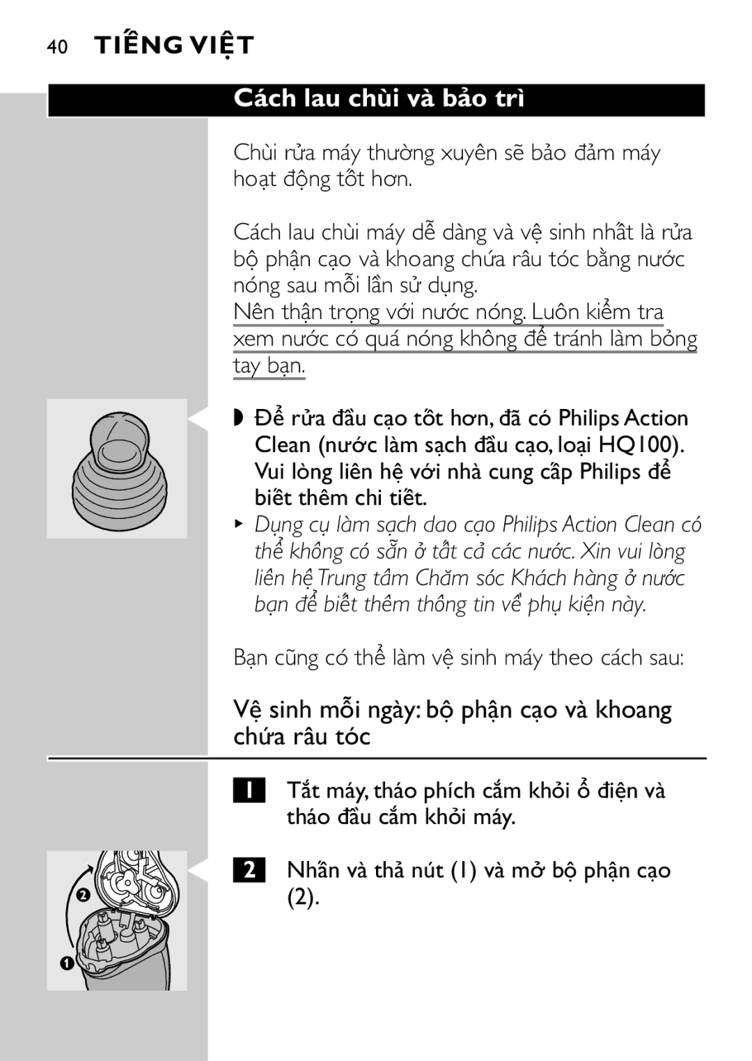 Philips HQ7815 manual CÄch lau ch≥i vÅ bÖo trù, Võ sinh mi ngÅy b´ phên cÜo vÅ khoang ch∏a rÇu tc 