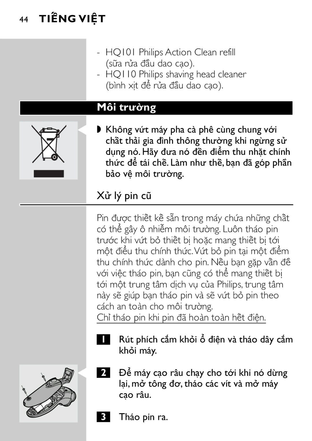 Philips HQ7815 manual £i tr∑Æng, LΩ pin c¥, HQ101 Philips Action Clean refill sªa ra Ûçu dao cÜo 