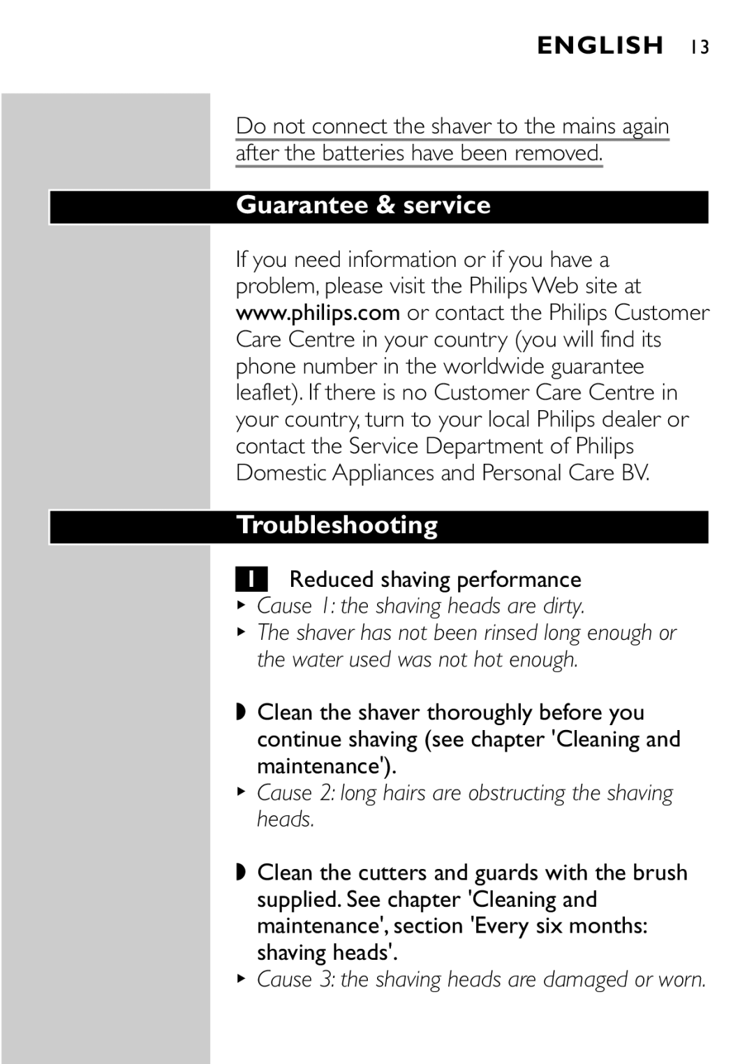 Philips HQ7868, HQ7865 manual Guarantee & service Troubleshooting, Reduced shaving performance, Shaving heads 