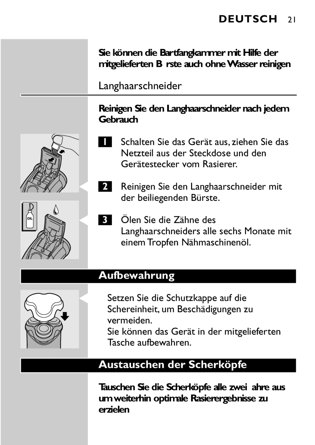 Philips HQ7870 manual Langhaarschneider, Aufbewahrung, Austauschen der Scherköpfe 