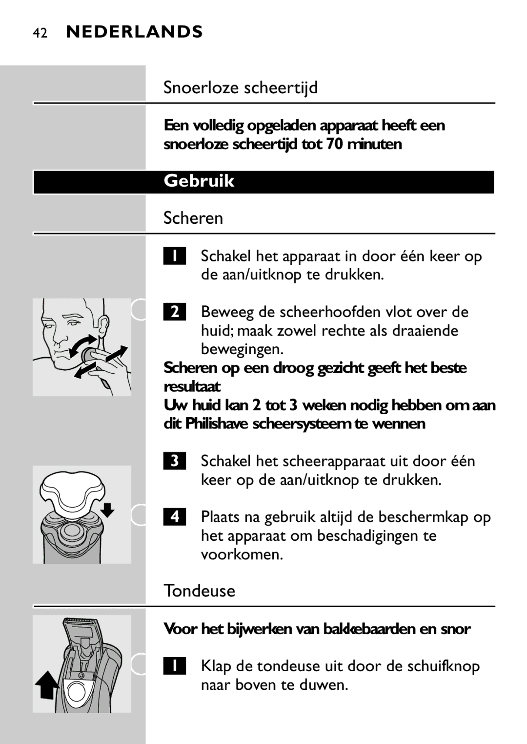 Philips HQ7870 manual Snoerloze scheertijd, Gebruik, Scheren 