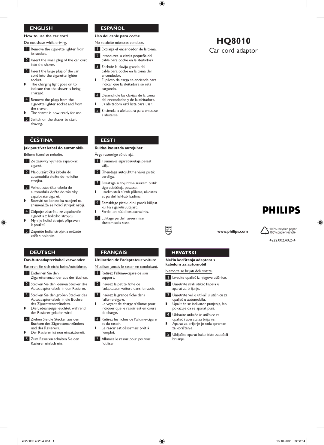 Philips HQ8010 manual Español, Čeština, Eesti, Deutsch, Français, Hrvatski 