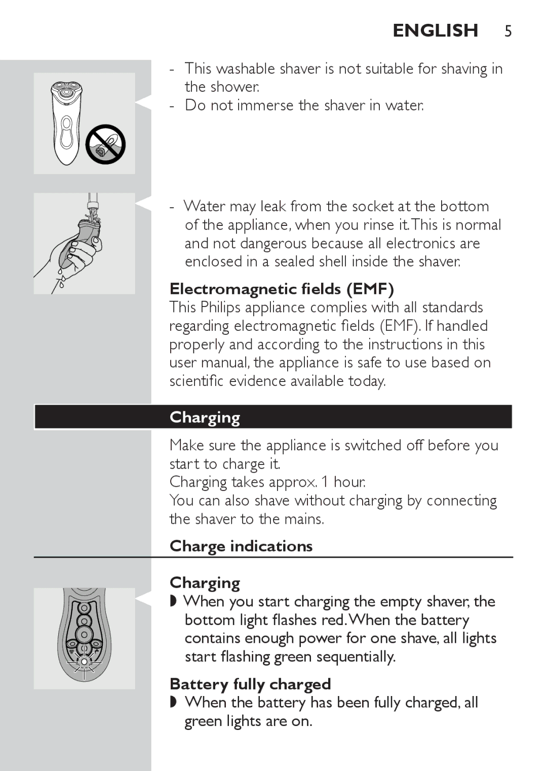 Philips HQ8173, HQ8170, HQ8172 manual Electromagnetic fields EMF, Charge indications Charging, Battery fully charged 