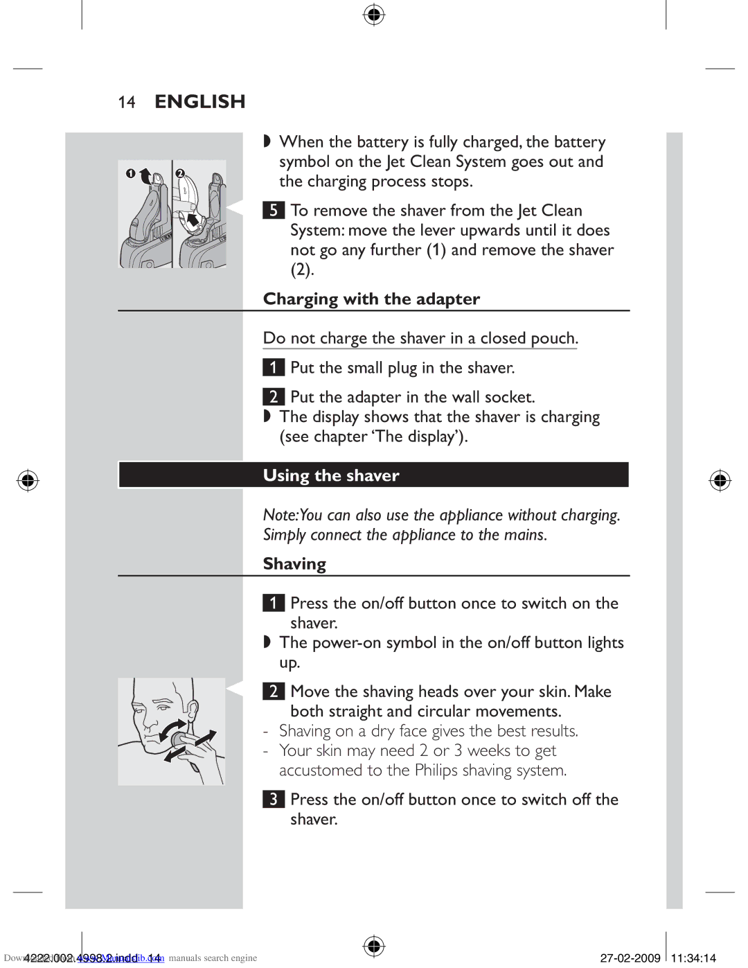 Philips HQ8270CC, HQ8260CC manual Charging process stops, Charging with the adapter, Using the shaver, Shaving 